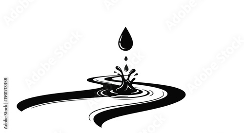 Graceful black liquid droplet creating a powerful splash and meandering flow