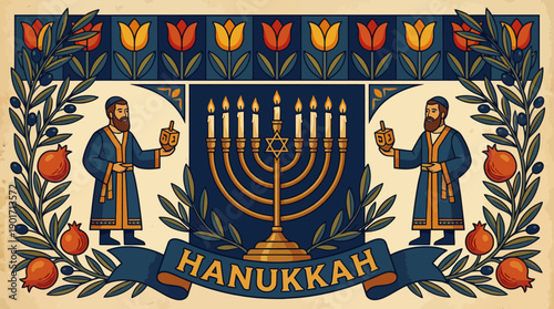 Folk Art Hanukkah Illustration with Menorah, Dreidels, and Jewish Celebration Banner. Vintage Style Holiday Greeting Design.