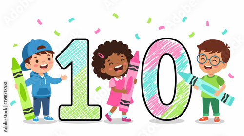 Happy 100 Celebration Vector: Diverse School Children Holding Giant Crayons, Celebrating a Centenary Milestone or 100 Days of School.