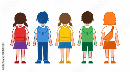 Five Diverse School Students with Colorful Backpacks Standing (Back View). Minimalist Flat Design Illustration.