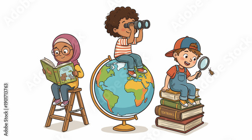 Diverse Children Exploring and Learning: Reading, Science, and Geography with Globe, Books, and Tools Illustration