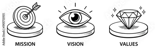 Hand drawn line art business icon set featuring a target, an eye, and a diamond for corporate strategy