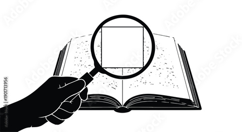 Investigating knowledge Hand holding a magnifying glass over an open book for detailed study