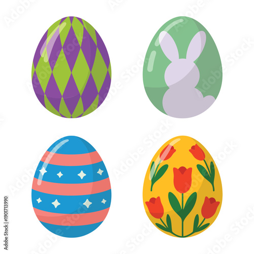 Easter decorated eggs set with floral tulip and bunny silhouettes, festival clipart for egg hunt session, party invitation, classroom craft