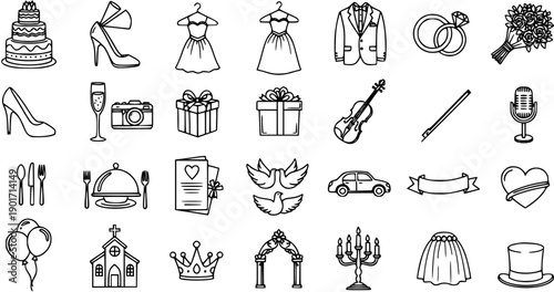 Wedding Day Doodle Line Art Icons Set: Marriage, Celebration, and Bridal Event Elements in Black and White Outline Style.