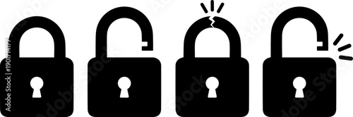 Four black padlocks with one broken and cracking open