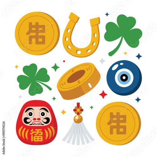 Lucky charm collage with coins, clover, horseshoe, daruma, nazar eye and tassel amulet, prosperity festival graphics for posters, banners