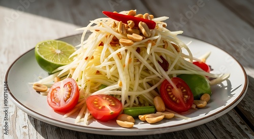 Som tam spicy thai papaya salad with vegetables and nuts