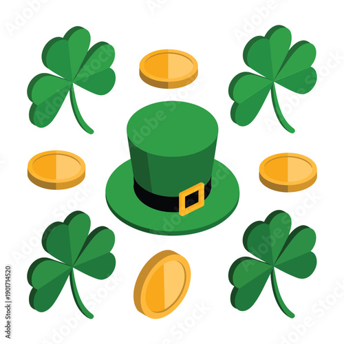 Leprechaun hat with gold coins and clovers, St Patricks party poster, treasure hunt session, photo booth props, festive pub branding