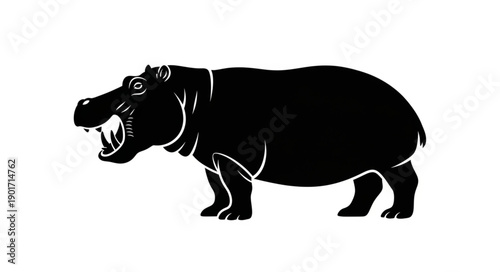 Black Silhouette of a Hippopotamus with Mouth Open.