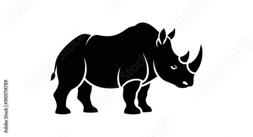 Black silhouette of a rhinoceros standing on a white background.