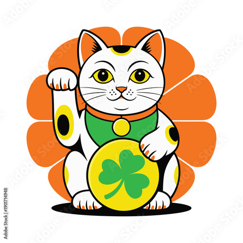 Lucky cat mascot holding shamrock coin, St Patricks Day vector illustration for prosperity theme, greeting card, sticker, poster, festive decoration