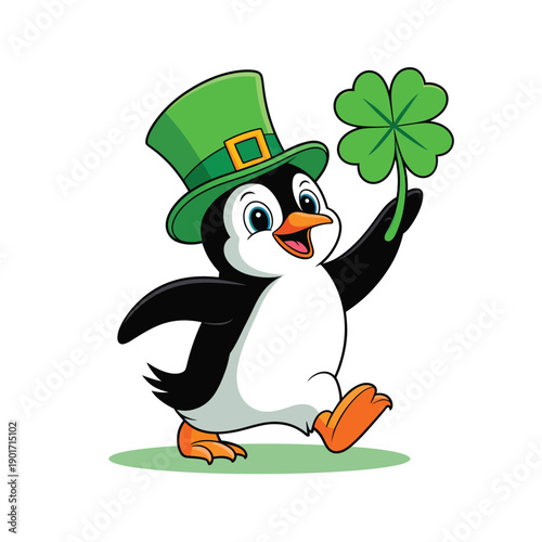 Cheerful penguin with green hat and lucky clover, Saint Patrick day cartoon, winter mascot, holiday invitation, kids party design