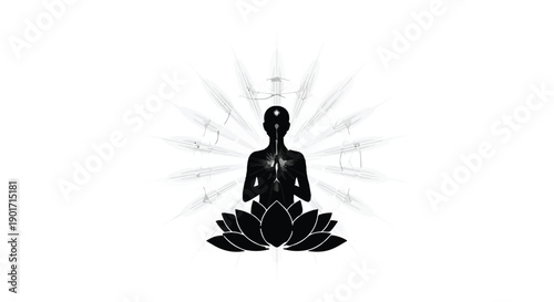 Human silhouette meditating in lotus position, radiating spiritual light and inner calm