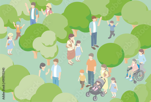 Spring and Summer Park Landscape. Isometric Scenery of People Relaxing in the City