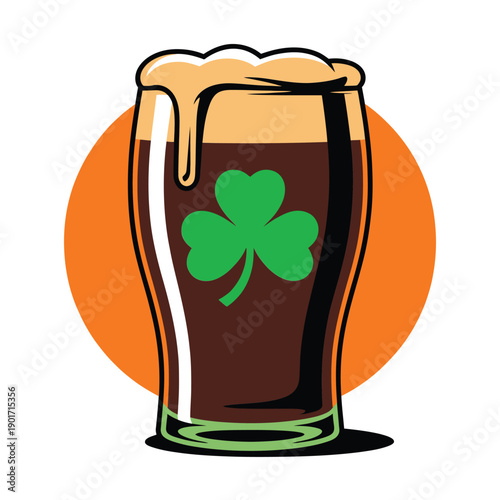 St Patricks Day beer pint with shamrock icon, pub night celebration graphic, beer tasting session banner, parade afterparty sticker vector