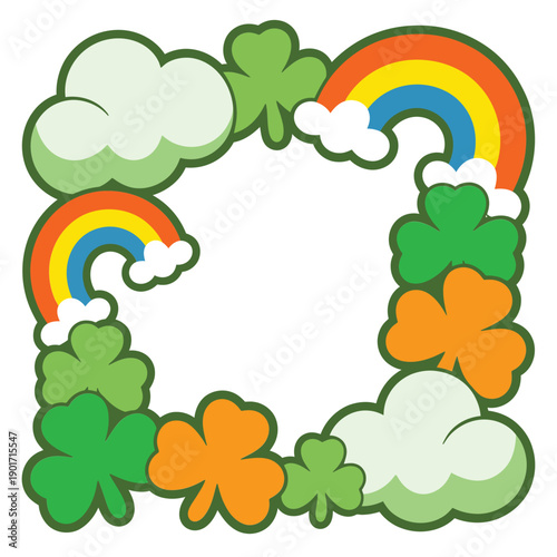 Rainbow and cloud border with shamrock clusters, playful Saint Patrick day frame for photo card, invitation, classroom bulletin design