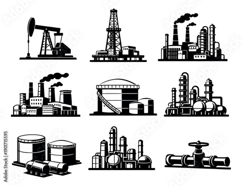 Simple graphic industrial icons set featuring oil derricks, factories, and storage tanks for fossil fuel production
