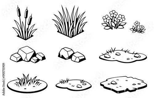 Hand drawn line art nature elements set featuring cattails, grass, flowers, rocks, and ground patches for creating outdoor scenes