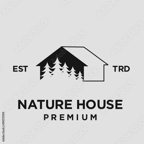 Nature House Premium Logo Design with Forest Pine Trees and Minimalist Home Icon