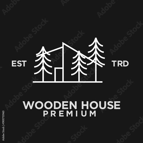 Minimalist Wooden House and Pine Trees Line Art Logo Design