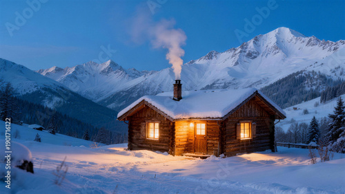 Snow covered wooden cabin with chimney smoke and warm lights in mountains