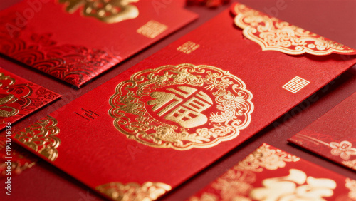 Multiple red envelopes with fortune character and golden floral patterns