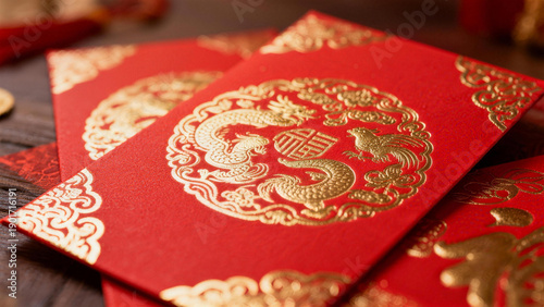 Red envelopes with dragon phoenix patterns and fortune character