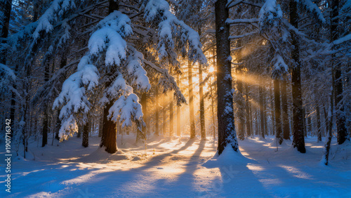 Sunlight penetrating through snow covered forest with light beam effect