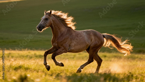 Horse running on grassland with dynamic motion under sunlight