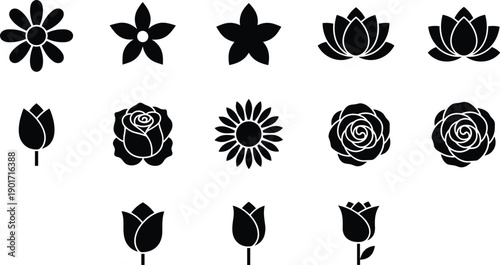 Flower silhouette icon set representing floral botanical nature garden decoration romantic design vector illustration modern solid style