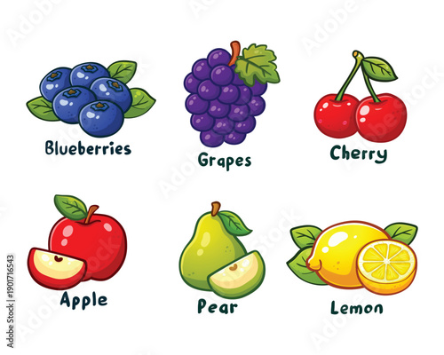 illustration Set of six delicious fruits, including apples, blueberries, cherries, grapes, lemons, and pears on white background good for sticker