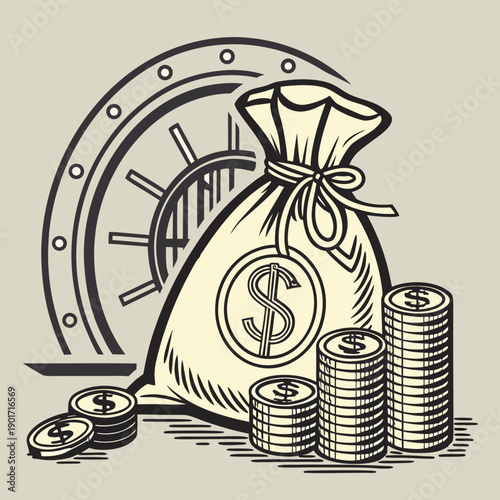 Money bag with dollar sign tied with a bow and stacks of coins in front of a vault door