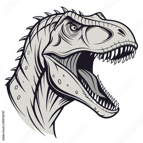 Detailed dinosaur head roaring with sharp teeth black and white