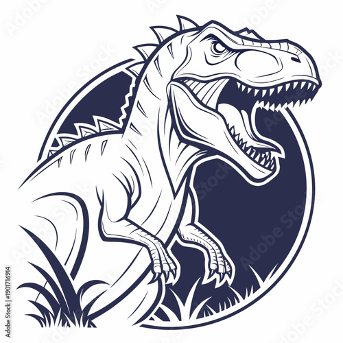 Fearsome dinosaur baring teeth aggressively in circular frame with grass