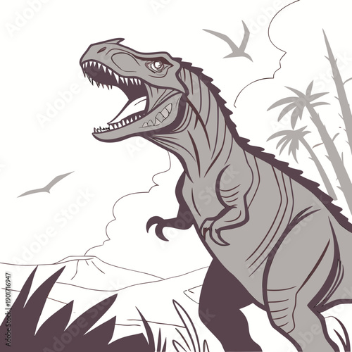 Gray dinosaur roaring from low angle with open mouth and sharp teeth