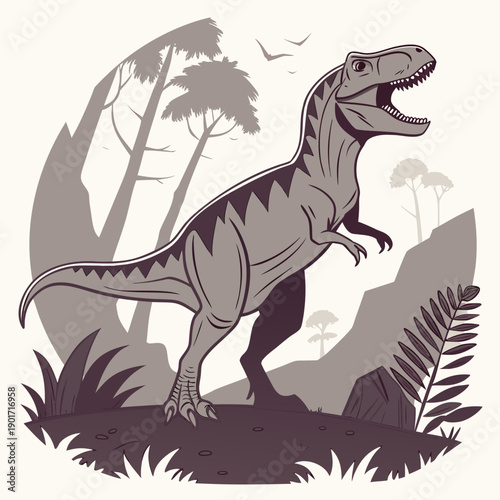 Gray dinosaur roaring in victory pose on rocky terrain with trees