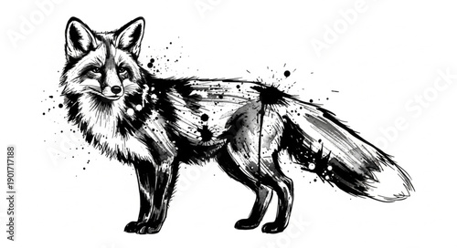 Black and White Fox Illustration with Splatter Effect.