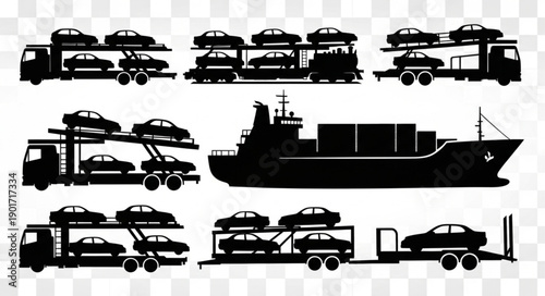 Car Carrier Trucks and Ship Silhouettes for Transport.