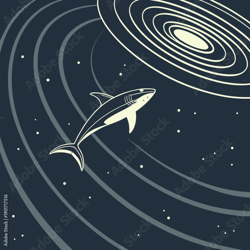 Shark swimming near dark matter ripple distorting starlight