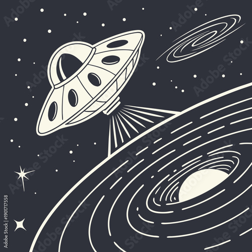 U F O hovering near planet with rings in starry space