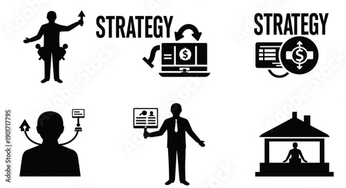 Business strategy icons and symbols for planning and success.