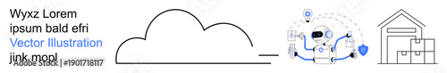 Cloud technology, artificial intelligence, logistics management, data security, robotics, warehouse operations. Visual of a cloud, a robot managing tasks and a warehouse. Cloud technology and AI
