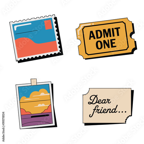 Vintage postage stamps with admit one ticket and torn postcard note, travel ephemera vector for scrapbook, journaling, collage, invitation design