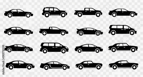 Collection of Black Car Silhouettes on Transparent Background.