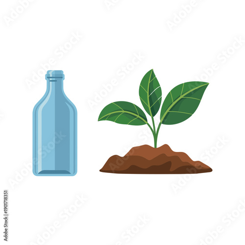 Glass bottle and green sprout seedling on soil, reuse and plant growth concept, eco friendly lifestyle vector, environment conservation design