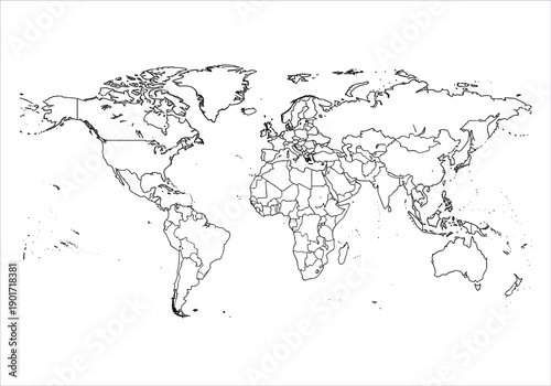 Detailed World Map with Country Borders, Global Geography Outline Vector Illustration for Education and Infographics