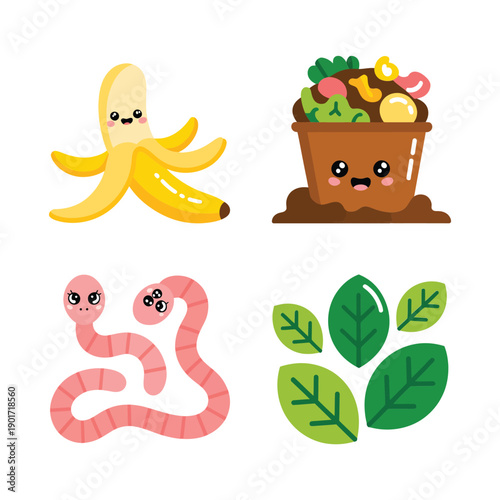 Compost education icons, banana peel, friendly worms, countertop caddy, leaves, farmers market signage, composting demonstration booth, kids learning session