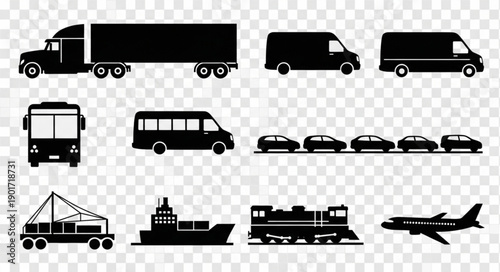 Collection of black vehicle silhouettes on transparent background.
