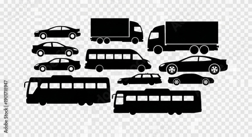 Collection of Black Vehicle Silhouettes on Transparent Background.